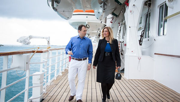 Crystal Cruises President Edie Rodriguez walks with Thomas Mazloum, senior vice president of operations, on the promenade deck of one of Crystal's ships. Crystal Cruises President Edie Rodriguez walks with Thomas Mazloum, senior vice president of operations, on the promenade deck of one of Crystal's ships.