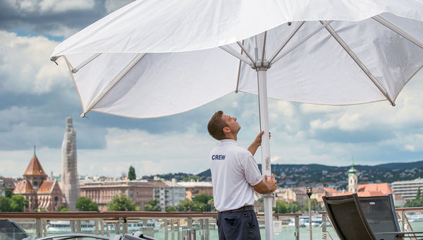 A Viking crew member on a ship's sun deck. A Viking crew member on a ship's sun deck.