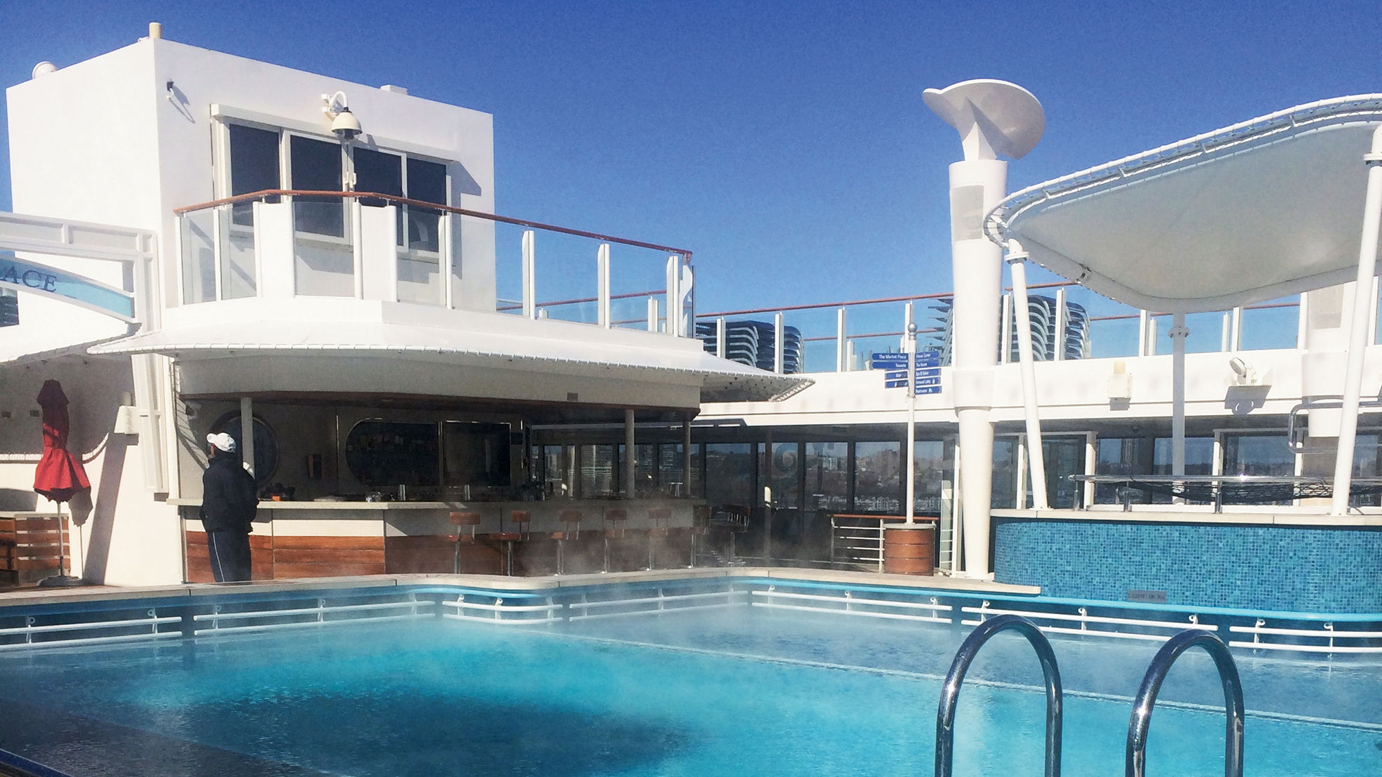 Steam rises from an empty pool on the Norwegian Breakaway during a two-day cruise to nowhere in February.