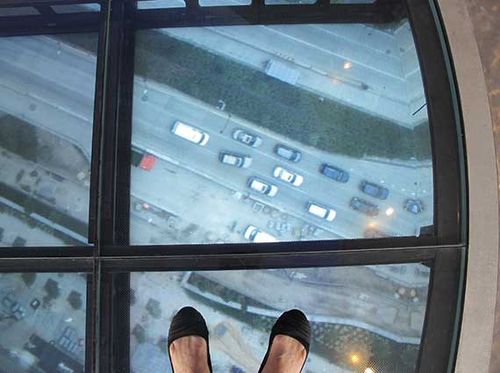 One World Observatory’s Sky Portal shows real-time images of the streets immediately below. One World Observatory’s Sky Portal shows real-time images of the streets immediately below.