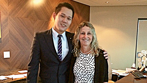 Chester Tercero, the Aqua Class concierge on the Celebrity Reflection, with agent Janet Torno of Conlin Travel in Ann Arbor, Mich. Chester Tercero, the Aqua Class concierge on the Celebrity Reflection, with agent Janet Torno of Conlin Travel in Ann Arbor, Mich.