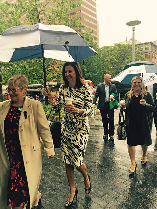 Celebrity Cruises Senior Vice President Dondra Ritzenthaler, in black-and-white dress, and Celebrity Cruises CEO Lisa Lutoff-Perlo, in black dress, arrive in rainy Boston to meet with representatives of World Travel Holdings. Celebrity Cruises Senior Vice President Dondra Ritzenthaler, in black-and-white dress, and Celebrity Cruises CEO Lisa Lutoff-Perlo, in black dress, arrive in rainy Boston to meet with representatives of World Travel Holdings.