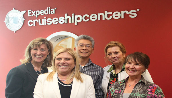 Celebrity Cruises CEO Lisa Lutoff-Perlo, second from left, met with Expedia CruiseShipCenters’ Senior Vice President of Sales and Marketing Geraldine Ree, left; Eric Tan, president of consumer sales; senior vacation consultant Christine Fox; and vacation consultant Shawna Noble. Celebrity Cruises CEO Lisa Lutoff-Perlo, second from left, met with Expedia CruiseShipCenters’ Senior Vice President of Sales and Marketing Geraldine Ree, left; Eric Tan, president of consumer sales; senior vacation consultant Christine Fox; and vacation consultant Shawna Noble.