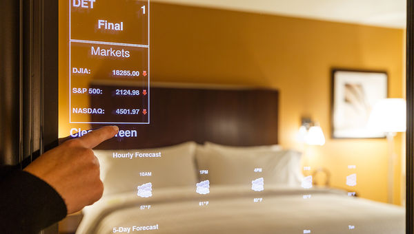 Smart mirrors in Four Points by Sheraton rooms will enable guests to read the headlines and check the weather. Smart mirrors in Four Points by Sheraton rooms will enable guests to read the headlines and check the weather.