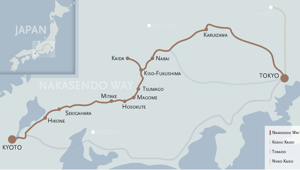 Walking tours explore the 332-mile Nakasendo Way, historically one of the two most important routes connecting the ancient capital of Kyoto with Tokyo. Walking tours explore the 332-mile Nakasendo Way, historically one of the two most important routes connecting the ancient capital of Kyoto with Tokyo.
