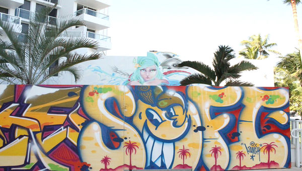Murals adorn construction walls outside the Stanton South Beach hotel. Murals adorn construction walls outside the Stanton South Beach hotel.