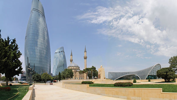 From left, the Flame Towers, Shakhidlar Mosque and Baku Funicular station in Azerbaijan. From left, the Flame Towers, Shakhidlar Mosque and Baku Funicular station in Azerbaijan.