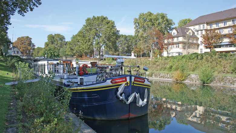 European Waterways' 12-passenger Le Panache docked in Strasbourg, France.