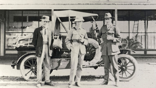 Qantas founders George Gorham, Paul McGinness and Hudson Fysh at the start of their journey via automobile across the Australian Outback in 1920.