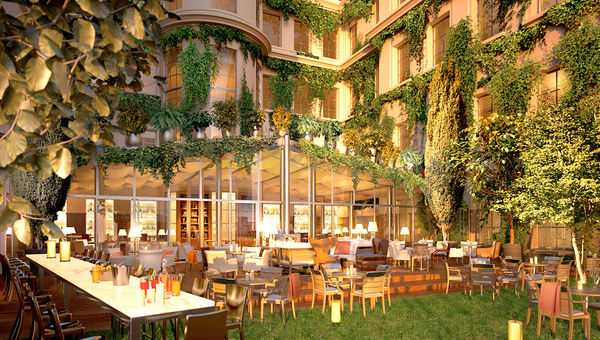 A rendering of the courtyard at the Rosewood Sao Paulo.