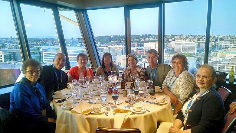 Nearly 270 MAST members and preferred suppliers attended the 2015 MAST Conference in May in Seattle. Among the attendees enjoying the event’s farewell dinner held atop the Space Needle were, from left, Barbara Jennison, Jennison Travel, Schofield, Wis.; Cesar Meza, Velas Resorts; Chris Ingersoll, Jefferson Travel, Watertown, Wis.; Patti Bradley, Far Horizons Travel, McFarland, Wis.; Brenda and John Trainor, Pyramid Travel in Verona, Wis.; Lori Velte, Warco Travel and Tours in Platteville, Wis.; and Erin Deleon Ahumada, EcoAmerica Tours.