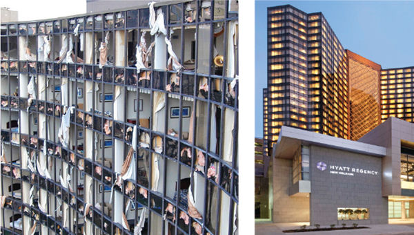 The Hyatt exterior, damaged by Katrina, left, and post-Katrina renovation. The Hyatt exterior, damaged by Katrina, left, and post-Katrina renovation.