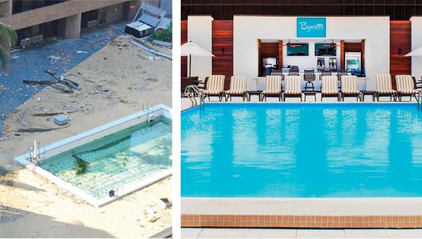 The Hyatt pool after the storm, left, and after renovation. The Hyatt pool after the storm, left, and after renovation.
