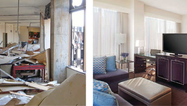 A Hyatt guestroom destroyed by Katrina, left, and a renovated guestroom. A Hyatt guestroom destroyed by Katrina, left, and a renovated guestroom.