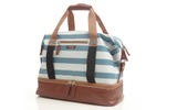 This functional and attractive travel bag has a lot going for it, including such unique features as exterior reflective straps that can hold a jacket, raincoat and/or umbrella, thereby freeing up interior space; a reflective, detachable, shoulder strap in addition to traditional tote straps; and a bottom, zippered compartment. Made of a weatherproof vegan material with faux leather accents, the Midway Weekender also has a zippered top closure, abundant interior pockets and a rear pocket that slips over the handle of a roller-board suitcase.