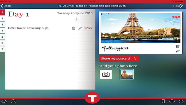 The myTrafalgar app includes a journaling function, which allows users to take notes and upload photos of their trip.
