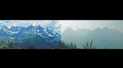 Wildfires have been burning in Washington State, Idaho, California and Montana. In Glacier National Park in Montana, a detail from an interpretive sign at McDonald Creek Valley shows the view typically seen on a clear day; at right, the actual view on Aug. 26, when smoke from fires obscured views throughout the park.