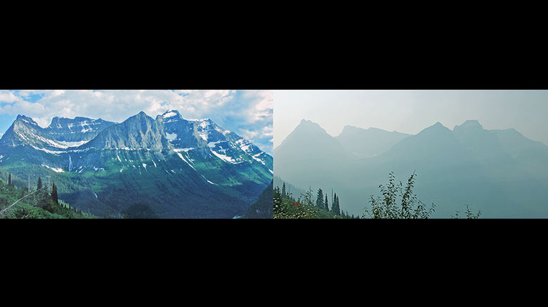 Wildfires have been burning in Washington State, Idaho, California and Montana. In Glacier National Park in Montana, a detail from an interpretive sign at McDonald Creek Valley shows the view typically seen on a clear day; at right, the actual view on Aug. 26, when smoke from fires obscured views throughout the park.