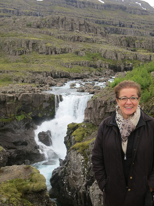 The writer at Haenubrekkufoss in East Iceland, a stop along the 825-mile Ring Road.