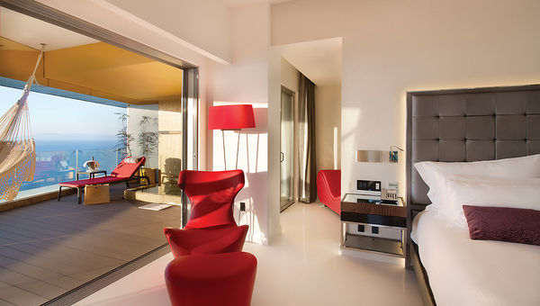 Each of the Hotel Mousai’s 73 suites includes its own expansive balcony and Jacuzzi.
