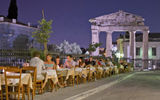 A restaurant in Athens' Plaka neighborhood, one of the city's most popular for alfresco evening dining.