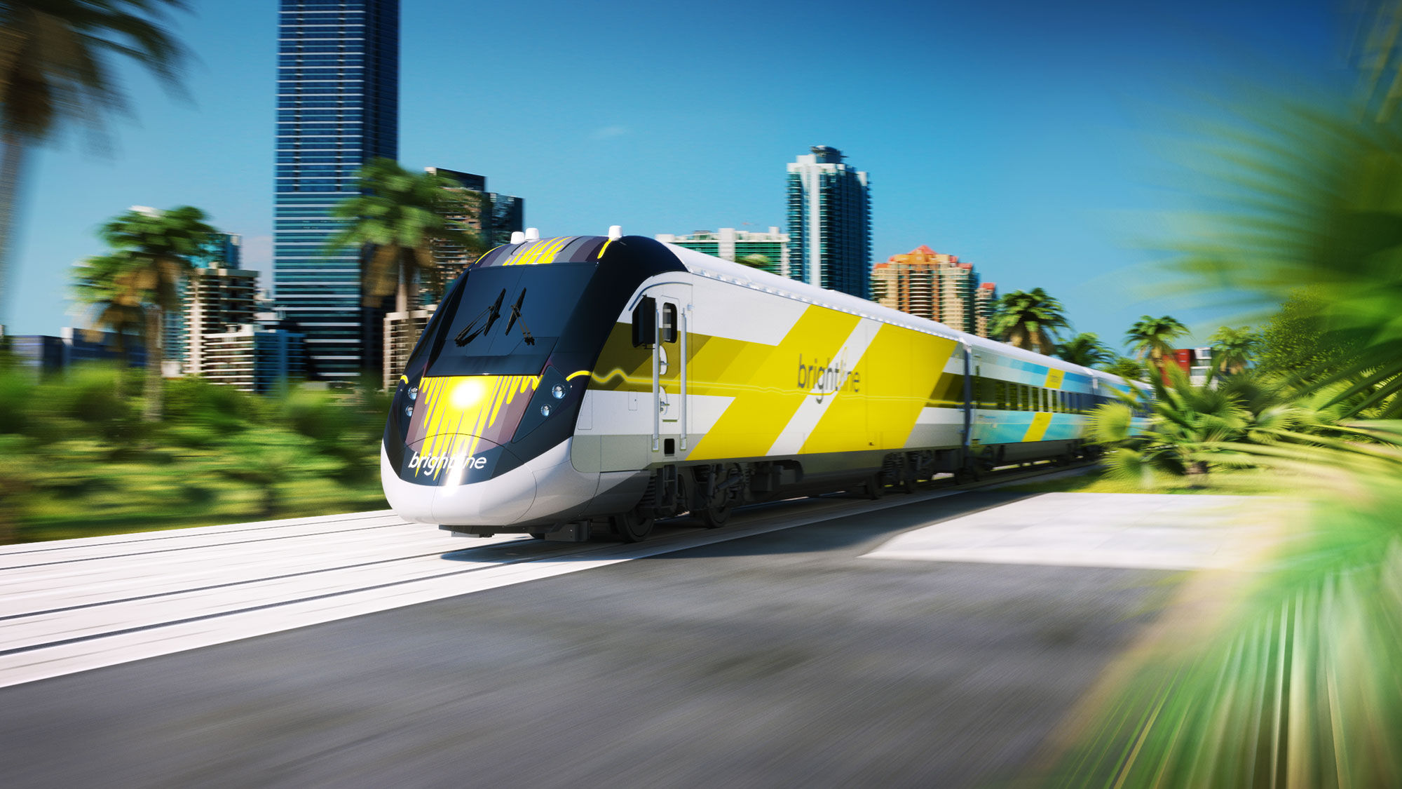 Brightline trains will feature a bright palette of colors, most notably yellow and aqua.