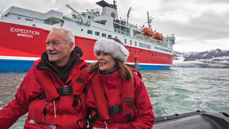 G Adventures guests on a Zodiac from the Expedition ship in the Arctic.