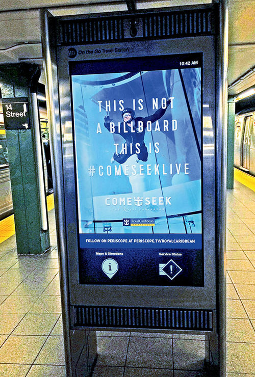 Royal Caribbean’s “Come Seek Live” display at the Union Square subway station in New York. It featured streaming Periscopes and video images from the campaign’s TV ads. Royal Caribbean’s “Come Seek Live” display at the Union Square subway station in New York. It featured streaming Periscopes and video images from the campaign’s TV ads.