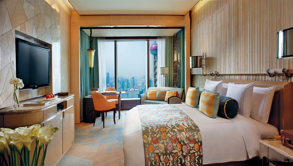 A king guestroom at the Ritz-Carlton Shanghai. A king guestroom at the Ritz-Carlton Shanghai.