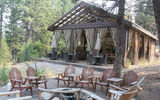 The fire pit and exterior of the dining hall of Pinnacle Camp.