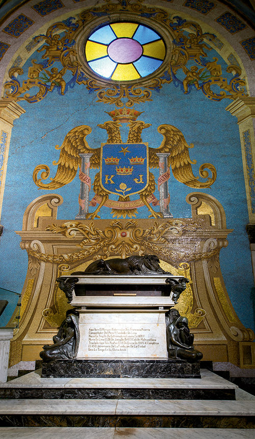 Lima Cathedral contains the tomb of Francisco Pizarro, the Spanish conquistador of Peru and founder of the city. Lima Cathedral contains the tomb of Francisco Pizarro, the Spanish conquistador of Peru and founder of the city.