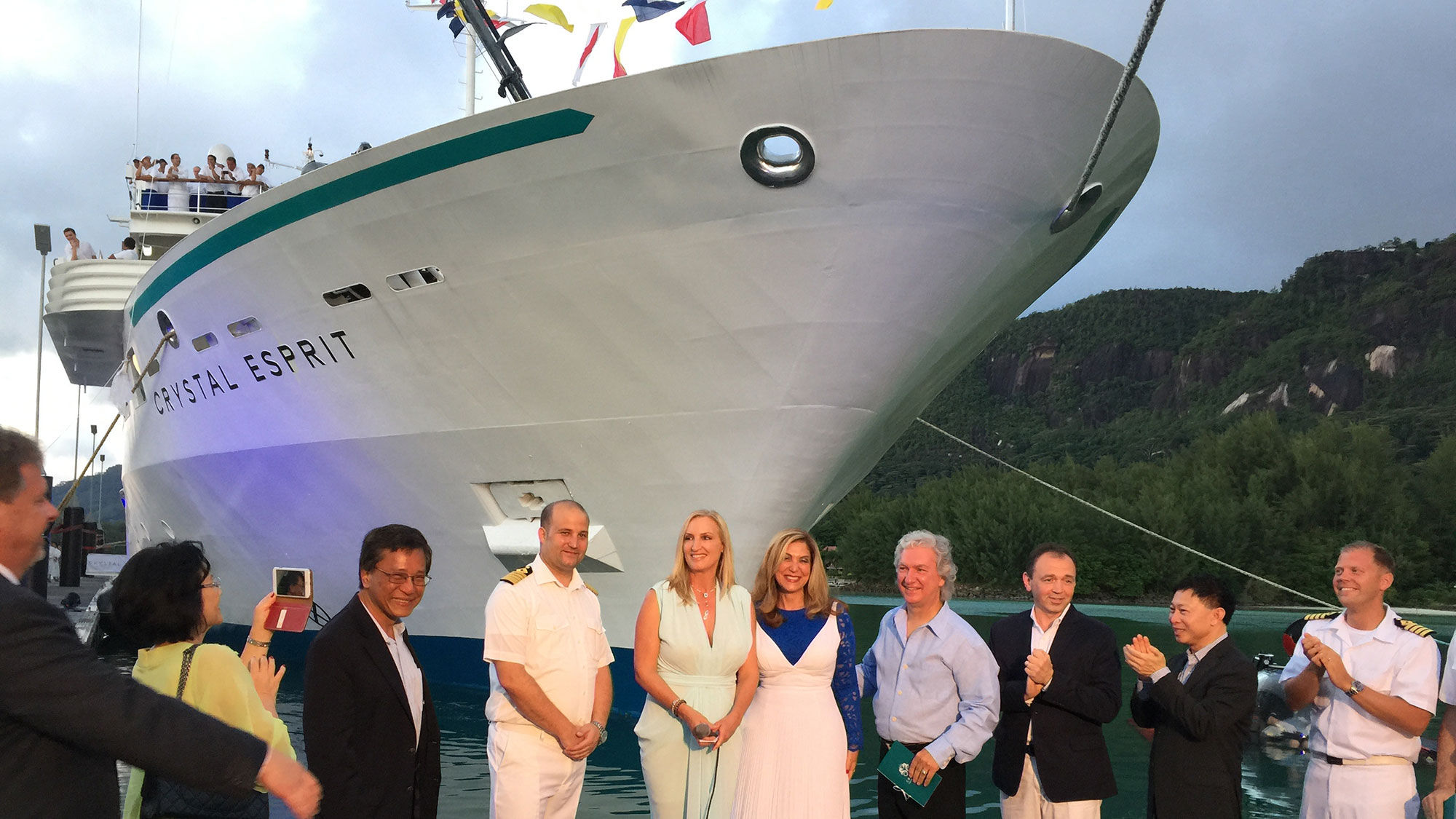 Present at the Crystal Esprit ceremony were (from left) Genting CEO KT Lim, Capt. Nenad Willheim, godmother Lady Gaenor Anne Meakes and Crystal CEO Edie Rodriguez.