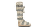 Designed primarily to be worn indoors, these slippers will keep your toes toasty, and depending upon the style you chose, your ankles and shins toasty, too. Take the Angie Slipper, for example. Included in Muk-Luks' White Winter series, it is dressed in creamy whites and taupe colors; is made of 100% acrylic knit; has a 100% polyester fleece lining; features a striped pattern with poms dangling; and has a heel kick for added fit and support. Coordinating Winter White Accessories are sold individually.