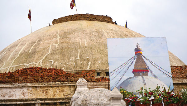 Before and after: Boudhnath's great stupa is undergoing reconstruction to fix structural damage caused by the April earthquake. Before and after: Boudhnath's great stupa is undergoing reconstruction to fix structural damage caused by the April earthquake.