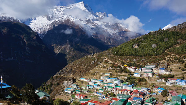 The village of Namche Bazar, en route to Sagarmatha National Park. Kongde Ri peak (20,299 feet) is in the background. The village of Namche Bazar, en route to Sagarmatha National Park. Kongde Ri peak (20,299 feet) is in the background.