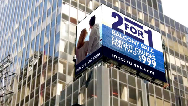 MSC Cruises promoted a 2-for-1 balcony sale with a digital outdoor ad high above Times Square in New York. MSC Cruises promoted a 2-for-1 balcony sale with a digital outdoor ad high above Times Square in New York.