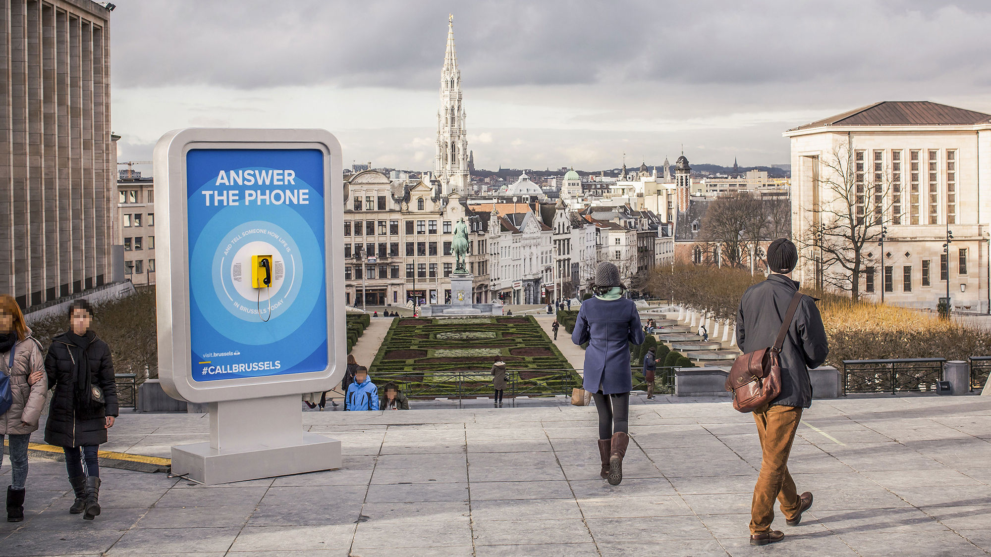 Phones were installed at the Mont des Arts (pictured), the Place Flagey and the Place Communale in Molenbeek so that passers-by could answer calls from foreign tourists.