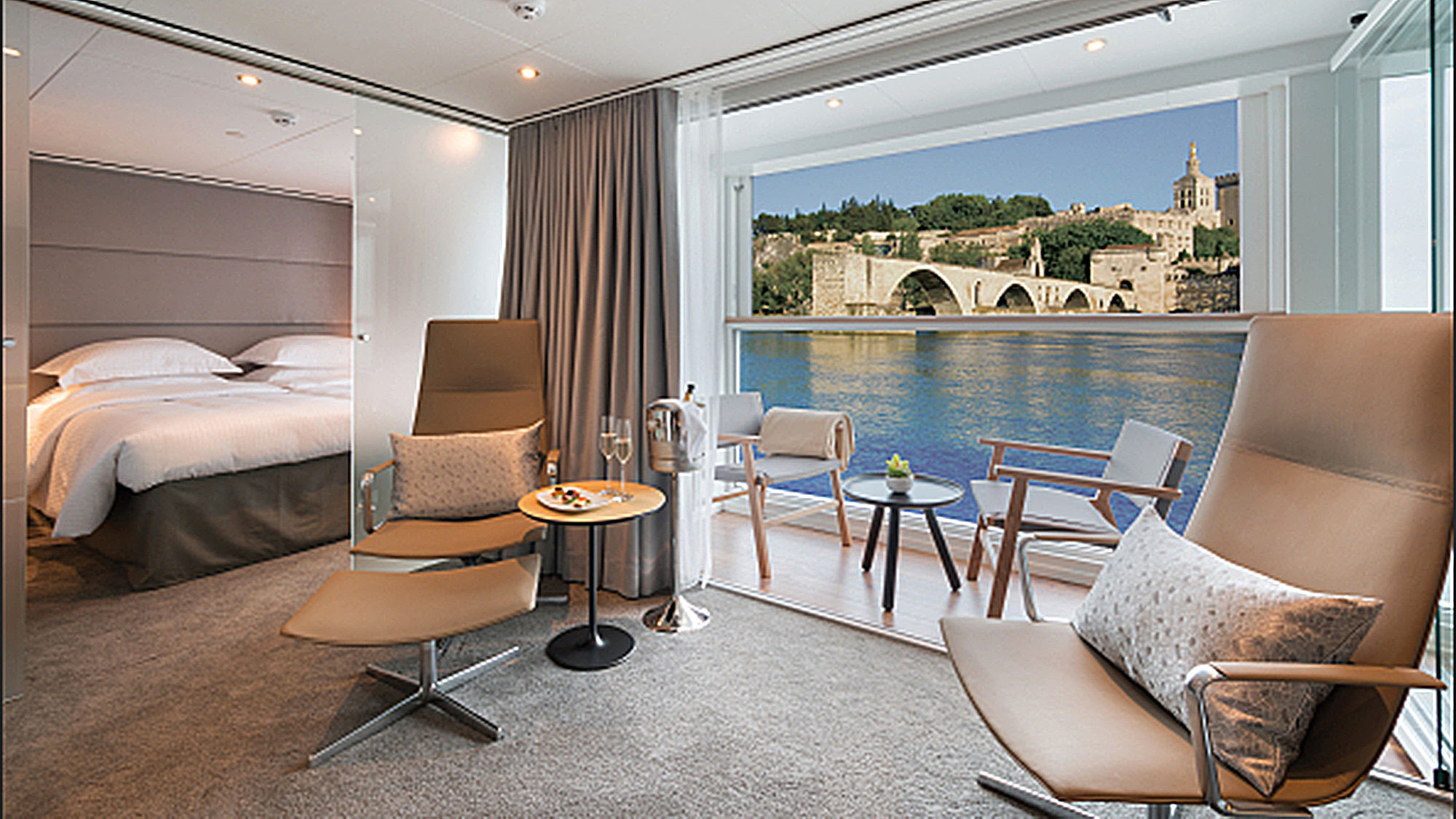 Staterooms on the Emerald Liberte will have a drop-down window that converts the seating area into an open-air balcony area.