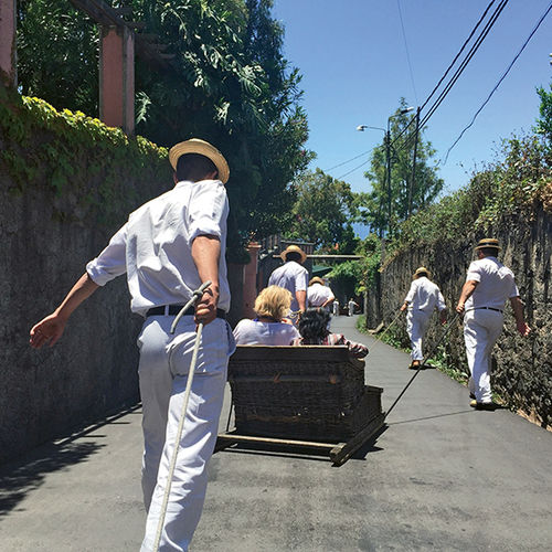 Travel agents begin their short and fast journey in a wicker toboggan down a Madeira mountain.