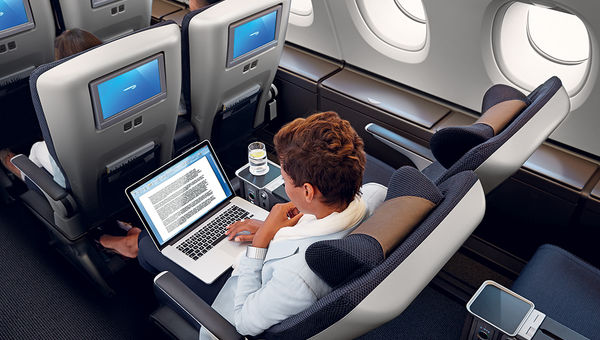 British Airways World Traveller Plus section. British Airways World Traveller Plus section.