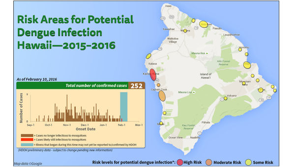 * Risk levels of areas where confirmed cases may have contracted dengue fever are determined by the number of confirmed cases with recent onset dates who reported visiting those areas.