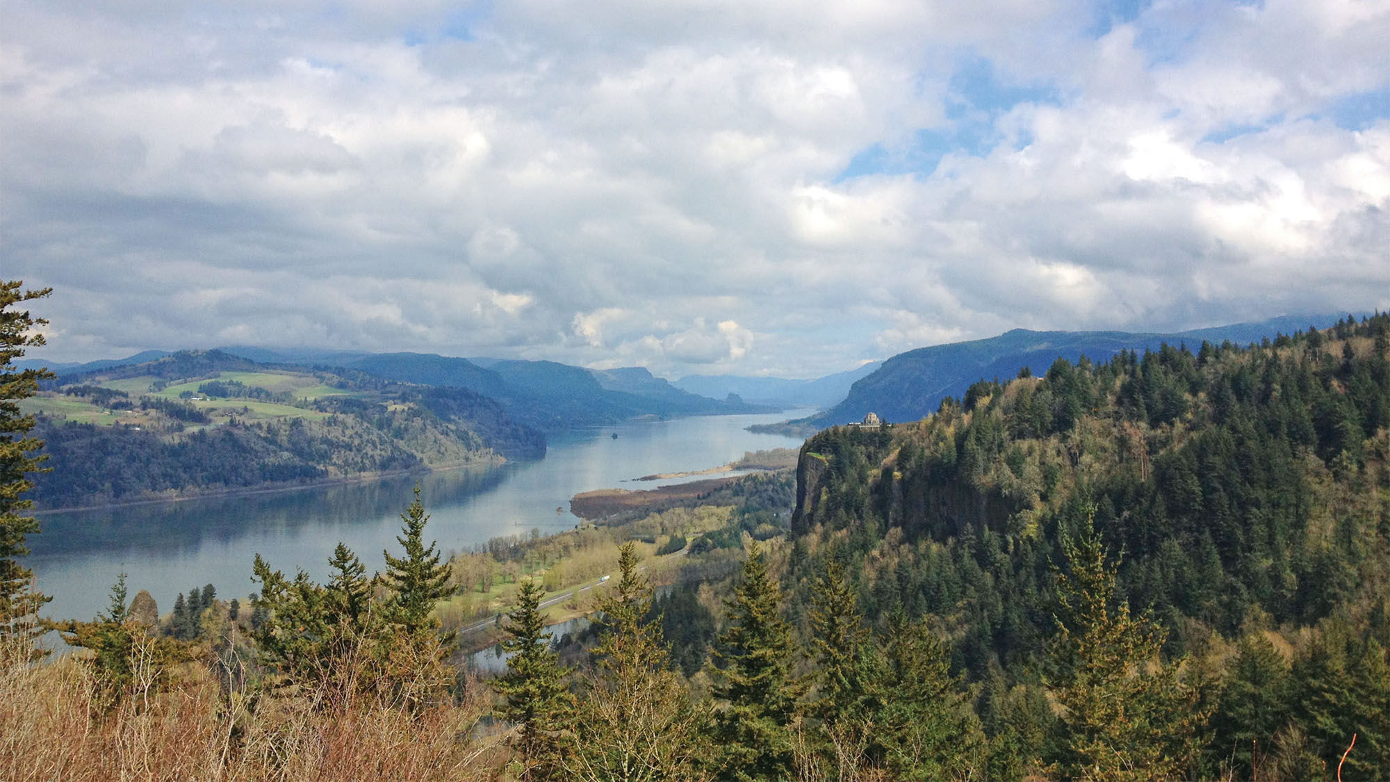 A view from an overlook of the Columbia River Gorge.