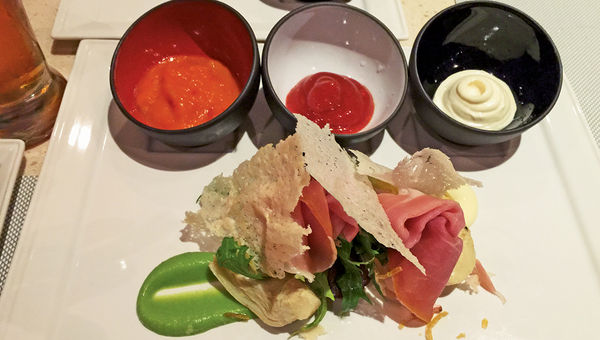 The appetizers at the Salty Dog gastropub on Princess Cruises include Parma ham and three sauces: BBQ, garlic mayo and piquillo. The appetizers at the Salty Dog gastropub on Princess Cruises include Parma ham and three sauces: BBQ, garlic mayo and piquillo.