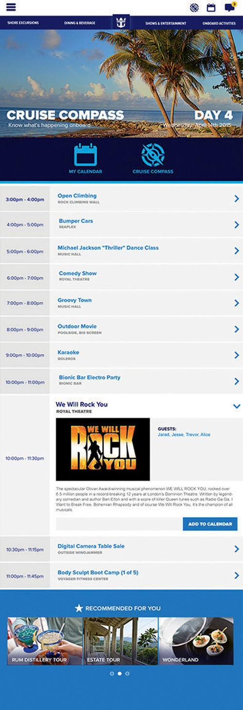 The Royal Caribbean app, available on Quantum-class ships, displays events on the daily Cruise Compass.