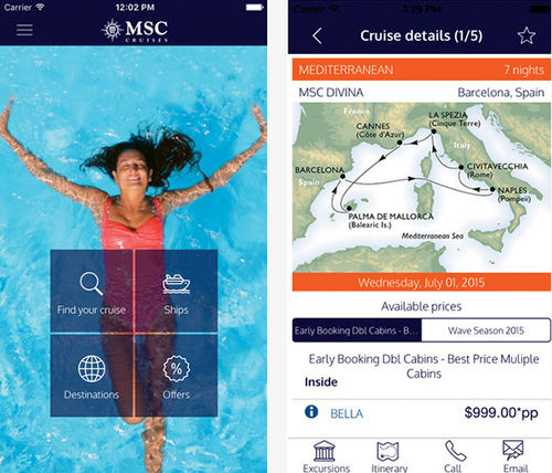 MSC Cruises’ app enables its passengers to book restaurants and shore excursions through its app along with keeping track of where the ship is heading.