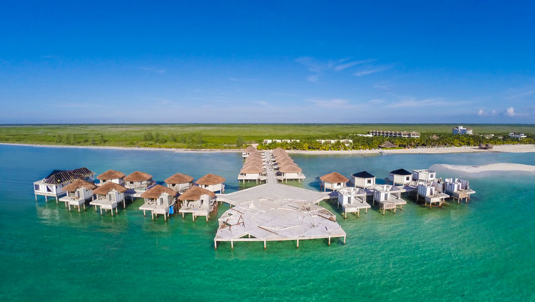 Drone image capturing construction on the Palafitos – Overwater Bungalows at el Dorado Maroma, a Beachfront Resort, by Karisma. The bungalows are scheduled to debut Sept. 1.