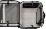 Carrying the reliable Victorinox branding, this four-wheeled tote is easy to maneuver through crowded airplane aisles, measuring a tidy 14.6 by 14.2 by 8.7 inches. Other attributes are a two-stage aluminum handle system; a rugged polyester exterior; a full-length, zippered exterior front pocket; a top pocket for documents and the like; and a u-shaped, zippered top opening. The interior features two zippered mesh side pockets, a hanging pocket and a full-length zippered mesh pocket for toiletries.