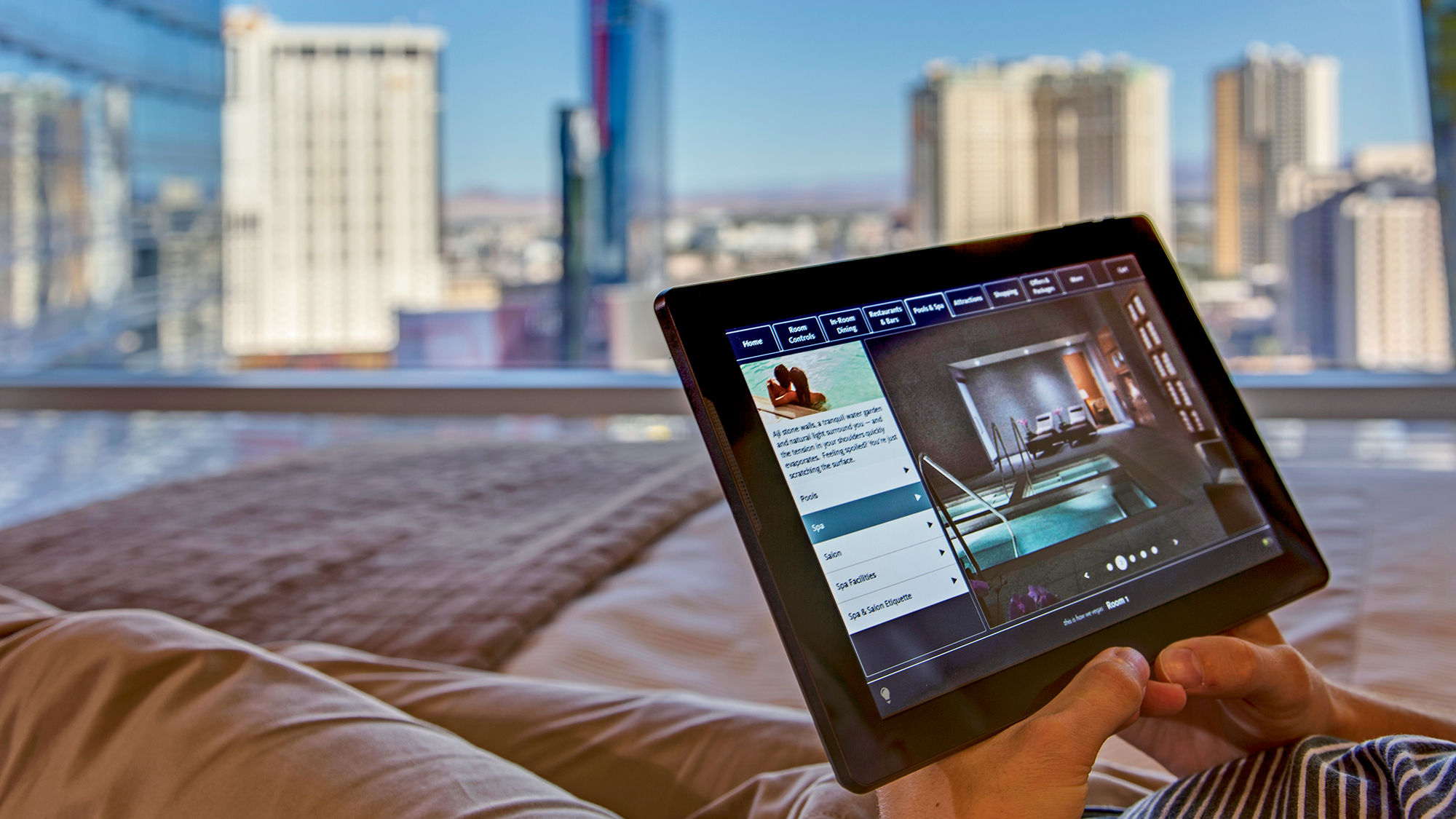 At the Aria, every room includes at least one tablet, enabling guests to order room service, make a dinner reservation or set a wake-up call.