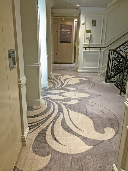 Patterned gray carpet was installed throughout the Azamara Journey during its drydock earlier this year. Patterned gray carpet was installed throughout the Azamara Journey during its drydock earlier this year.