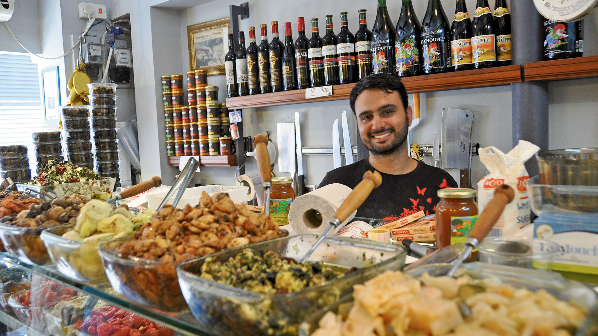 The Yom Tov Deli, located in Tel Aviv’s Levinsky Market, displays its antipasto.